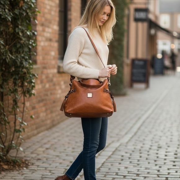 Dooney & Bourke Cognac Leather Shoulder Bag with Braided Strap - Picture 2 of 8
